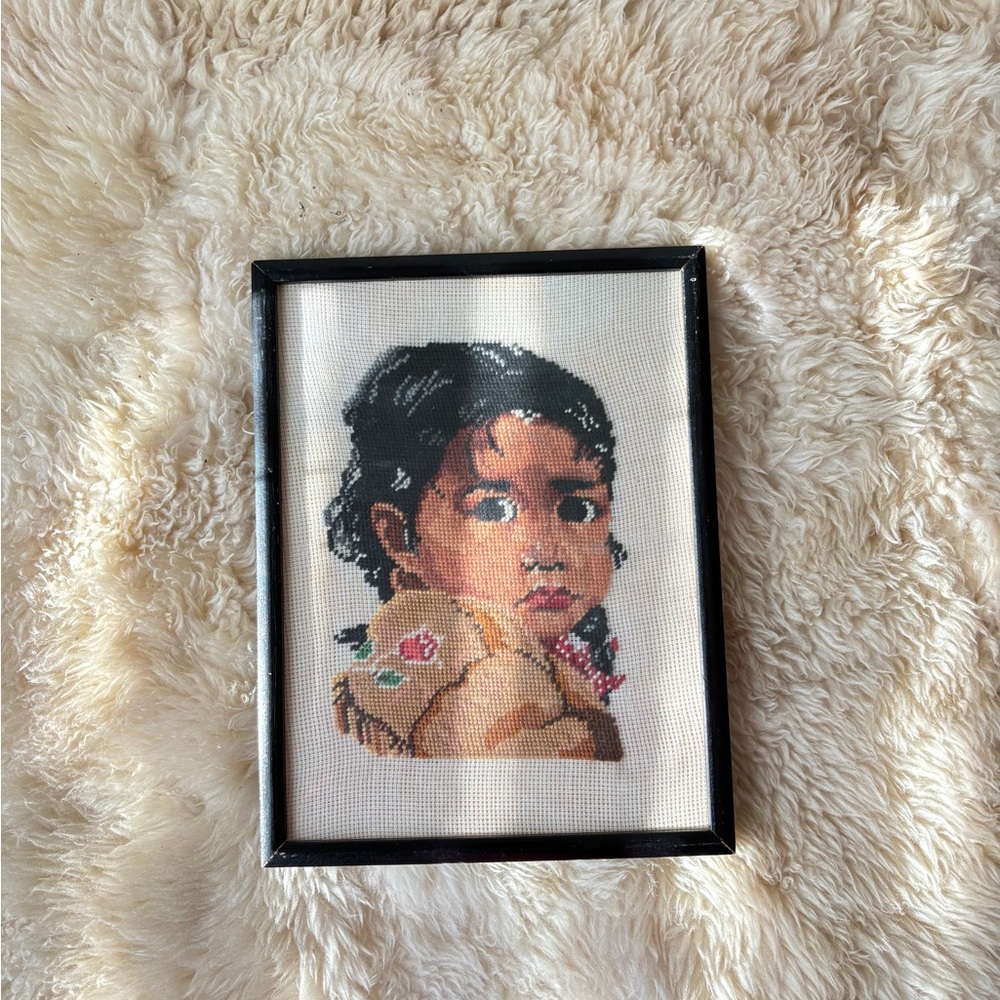 Framed Needlepoint Portrait Art Native Girl Portrait Wall Hanging Vintage Decor